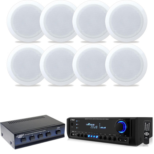 Pyle PT390AU 300 Watt Digital Home Stereo Receiver System with USB/SD Memory Readers, 8x 5.25" In Ceiling White Speakers, Pyle PSS4 4-Channel Stereo Speaker Selector