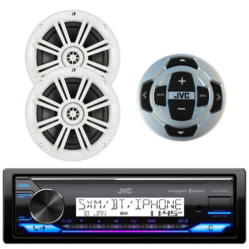 JVC KD-X38MBS Single DIN Marine MotorSports Bluetooth USB AUX LED Stereo Receiver, Wired Remote, 2x Kicker 41BKM604W 6.5" 2 Way 150W Speakers