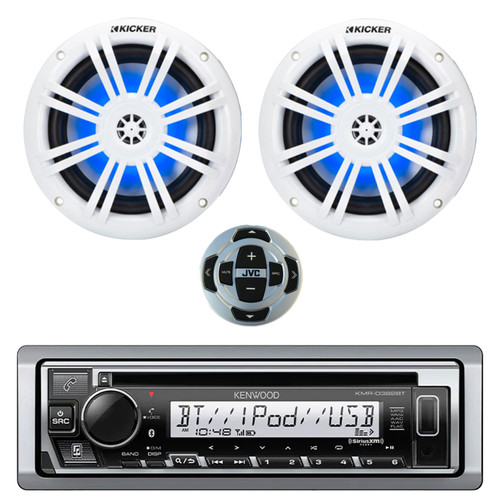 Kenwood KMR-D382BT Single DIN Marine USB AUX Bluetooth CD Player Stereo Receiver with Wired Remote Control, 2x 6.5" 150 Watt Peak Power 2-Way Blue Flashing LED Boat Audio Speakers (White)