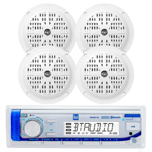 Dual Electronics MXD13 Marine Mechless USB Bluetooth AM/FM Digital Media Stereo Receiver, 4x 4'' 100 Watt Peak Dual Cone Full Range Waterproof Boat Audio Speakers (White)