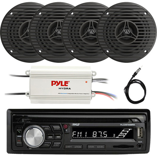 Pyle PLCDBT95 Single DIN Marine Bluetooth USB/AUX MP3/CD Player AM/FM In Dash Stereo Receiver, 4x 3.5" 75W Peak High-Performance Full-Range All-Weather Graphite Speakers, 4-Channel Amplifier, Antenna