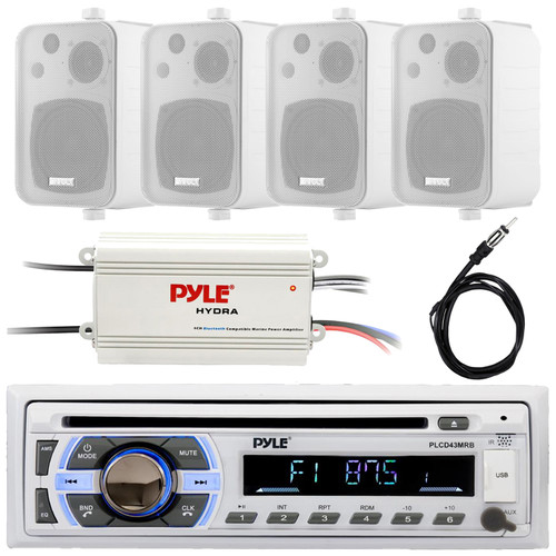 Pyle PLCD43MRB Single DIN Marine Bluetooth USB/AUX MP3 Player AM/FM Radio In-Dash Stereo Head unit Receiver, 4x 4" 30W Max 3-Way Indoor/Outdoor White Box-Speakers, 4 Channel Amplifier, Antenna