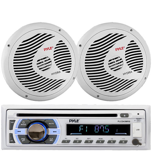 Pyle PLCD43MRB Single DIN Marine Bluetooth USB/AUX MP3 Player AM/FM Radio In-Dash Stereo Head Unit Receiver, 2x 6.5" 150W Max Power Full Range Dual Cone Waterproof White Boat Speakers