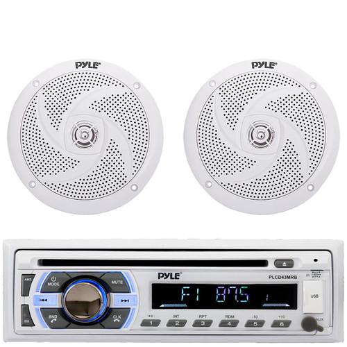 Pyle PLCD43MRB Single DIN Marine Bluetooth USB/AUX MP3 Player AM/FM Radio In-Dash Head unit Stereo Receiver, 2x Pyle PLMRS6W 6'' 240 Watt Max Power Low Profile 2-Way White Marine Speakers