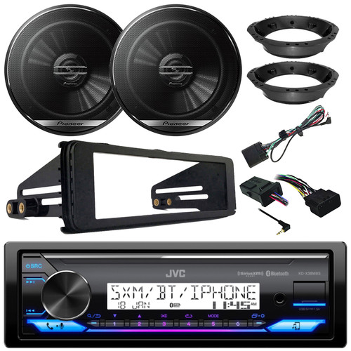 JVC KD-X38MBS Single DIN Marine MotorSports Bluetooth USB/AUX LED AM/FM Stereo SiriusXM Ready Receiver W/Install Kit, 2x 6.5" 300W Max Speakers W/Adapters, Handlebar Control Interface (98-13 HD)
