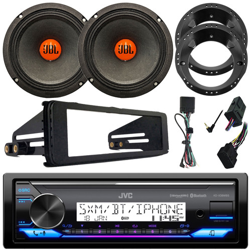 JVC KD-X38MBS Single DIN Marine MotorSports Bluetooth USB/AUX LED AM/FM SiriusXM Ready Stereo Receiver W/Install Kit, 2x 6.5" 300W Max Midrange Woofer Speakers W/Adapters, Handlebar Control Interface