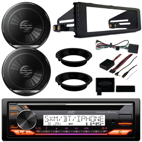 JVC KD-T92MBS Single DIN Marine Motorsports Bluetooth USB/AUX CD Player AM/FM Stereo Receiver W/Install Kit, 2x 6.5" 300W Max 2-Way Speakers W/Adapter, Steering Wheel Control Interface (1998-2013)