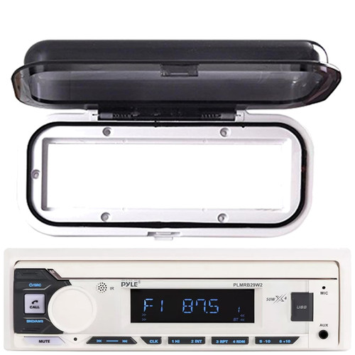 Pyle PLMRB29W2 Single DIN Marine Bluetooth USB/AUX MP3 Player AM/FM Radio Stereo Receiver, Water-Resistant White Radio Shield Cover
