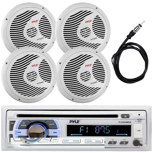 Pyle PLCD43MRB Single DIN Marine Bluetooth USB/AUX MP3 Player AM/FM Radio In-Dash Stereo Head Unit Receiver, 4x 6.5" 150W Max Full Range Dual Cone Waterproof White Boat Stereo Speakers, Radio Antenna
