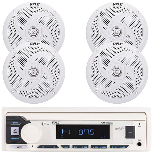 Pyle PLMRB29W2 Single DIN Marine Bluetooth USB/AUX MP3 Player AM/FM Radio Stereo Receiver, 4x Pyle PLMRS6W 6'' 240 Watt Max Power Low Profile 2-Way White Boat Speakers