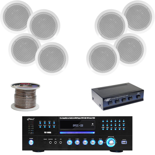 6.5" In-Ceiling 250W Speaker Set,PD1000A USB DVD Receiver,Speaker Selector& Wire