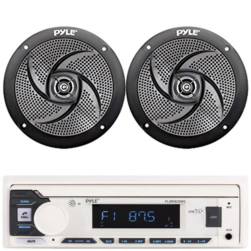 Pyle PLMRB29W2 Single DIN Marine Bluetooth USB/AUX MP3 Player AM/FM Radio Stereo Receiver, 2x Pyle PLMRS5B 5.25" 180 Watt Max Power 2-Way Waterproof Low Profile Slim Style Black Boat Audio Speakers