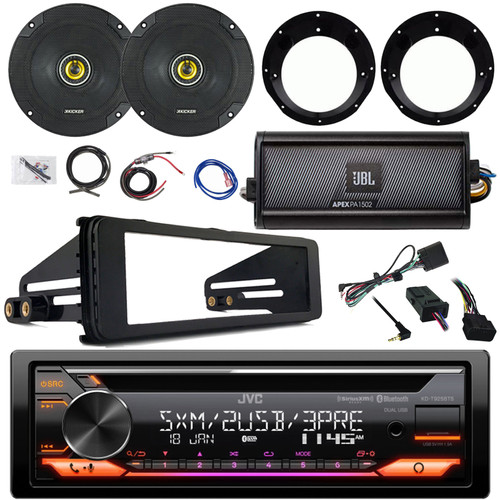 JVC KD-T925BTS Single DIN Bluetooth CD Player USB AUX Stereo Car Receiver, Amplifier w/Wiring Kit, 2x Kicker 6.5" 300W Speakers w/Adapter, Stereo Install Kit, Handlebar Controls (Harley 1998-2013)