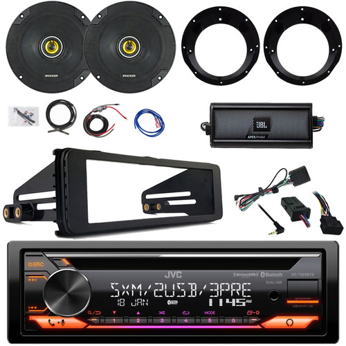 JVC KD-T925BTS Single DIN Bluetooth CD Player USB AUX Stereo Car Receiver, Amplifier w/Wiring Kit, 2x Kicker 6.5" 300W Speakers w/Adapter, Stereo Install Kit, Handlebar Controls (Harley 1998-2013)