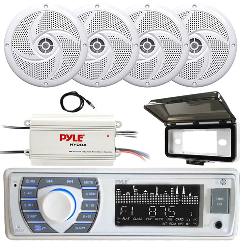 Pyle PLRMR23BTW Single DIN Marine Bluetooth USB/AUX MP3 Player AM/FM Radio In-Dash Stereo Receiver W/White Cover, 4x 4" 100 Watt Max Low Profile 2-Way White Boat Speakers, 4-Channel Amplifier, Antenna