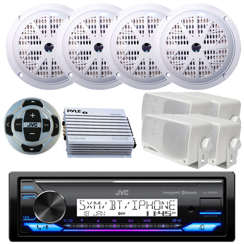 JVC KD-X38MBS Single DIN Marine Bluetooth USB/AUX AM/FM Radio SiriusXM Ready Stereo Receiver w/Wired Remote, 4x 5.25'' 100W Max 2-Way Speakers, 4x 3.5'' 200W Max Mini Box Speakers, 4 Channel Amplifier