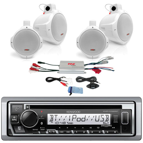 Kenwood KMR-D382BT Single-DIN Bluetooth Marine USB/AUX CD Player SiriusXM Ready Receiver Bundle Combo Two Pairs (QTY 4) Of 6.5" 200W Max Power Wake Board Speakers, 4-Channel 800W Max Power Amplifier