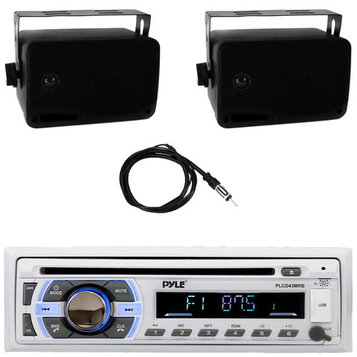 Pyle PLCD43MRB Single DIN Marine Bluetooth USB/AUX MP3 Player AM/FM Radio In-Dash Head Unit Stereo Receiver, 2x 3.5" 200W Max Power 3-Way Indoor/Outdoor Wall Mount Black Speakers, 40" Radio Antenna