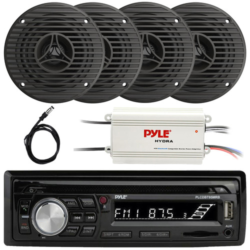 Pyle PLCDBT95 Single DIN Marine Bluetooth USB/AUX MP3/CD Player AM/FM In Dash Stereo Receiver, 4x 3.5" 75W Max High-Performance Full-Range All-Weather Graphite Speakers, 4-Channel Amplifier, Antenna