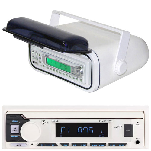 Pyle PLMRB29W2 Single DIN Marine Bluetooth USB/AUX MP3 Player AM/FM Radio Stereo Receiver, White Boat Stereo Housing w/Full Chassis Wired Casing