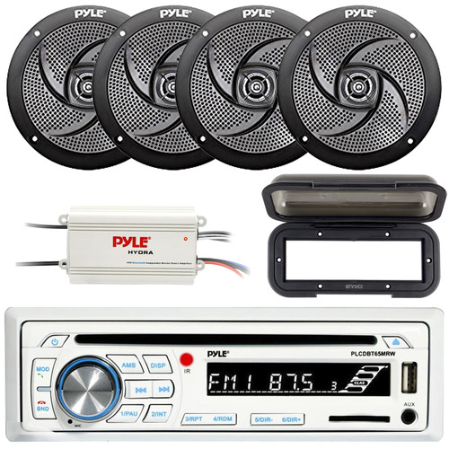 Pyle PLCDBT65 Single DIN Marine Bluetooth USB/AUX MP3/CD Player AM/FM Radio In-Dash Stereo Receiver W/Black Cover, 4x 5.25" 180W Max 2-Way Low Profile Slim Style Boat Speakers, 4-Channel Amplifier