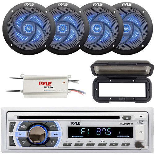 Pyle PLCD43MRB Single DIN Marine Bluetooth USB/AUX MP3 Player AM/FM In-Dash Stereo Head unit Receiver W/Black Cover, 4x 5.25" 180W Max 2-Way Slim Style Blue LED Black Speakers, 4-Channel Amplifier