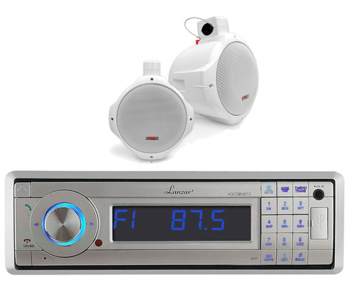 Lanzar Marine AUX Bluetooth Radio, 2 Marine White 6.5" 200W Wake Board Speakers