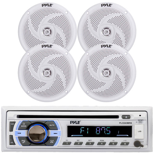 Pyle PLCD43MRB Single DIN Marine Bluetooth USB/AUX MP3 Player AM/FM Radio In-Dash Stereo Head Unit Receiver, 4x Pyle PLMRS4W 4" 100W Max Power Low Profile 2-Way Waterproof White Boat Outdoor Speakers