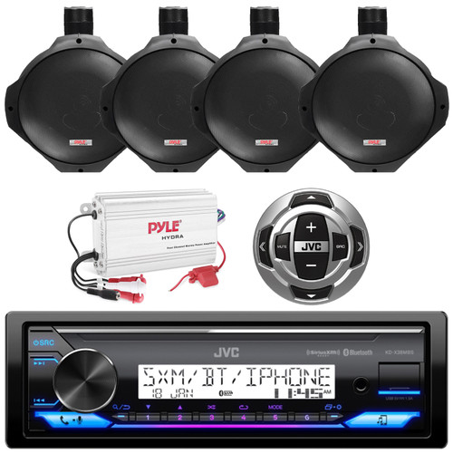 JVC KD-X38MBS Single DIN Marine MotorSports Bluetooth USB/AUX LED Illumination AM/FM SiriusXM Ready Receiver W/Wired Remote, 4x 6.5" 200W Max Power Black Wake Board Boat Speakers, 4-Channel Amplifier