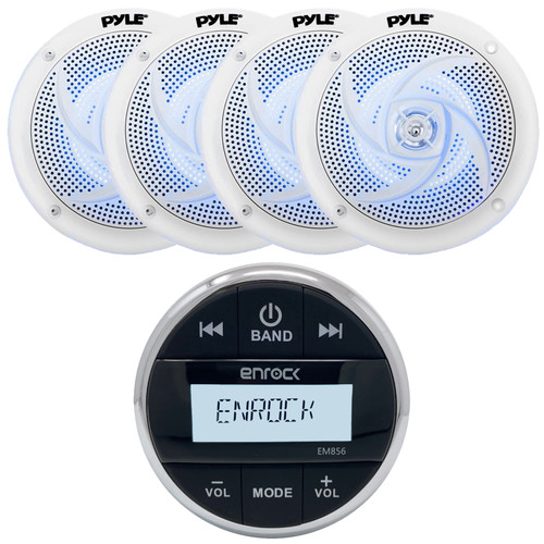Enrock EM856 Marine Bluetooth USB/AUX AM/FM Radio Weather-Resistant Gauge Style Digital Media Receiver, 4x 6.5" 240 Watt Max Power Low-Profile 2-Way Waterproof Blue LED Boat Audio White Speakers