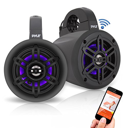 Pyle PLMRLEWB47BB 4" 300 Watt Max Power Waterproof Bluetooth Boat Wakeboard Black LED Tower Speakers (Pair)