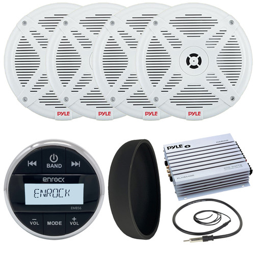 Enrock EM856 Marine Bluetooth USB/AUX AM/FM Radio Weather-Resistant Gauge Style Digital Media Receiver w/Cover, 4x 6.5" 90W Max 2-Way Full Range White Boat Speakers, 4 Channel Amplifier, Radio Antenna
