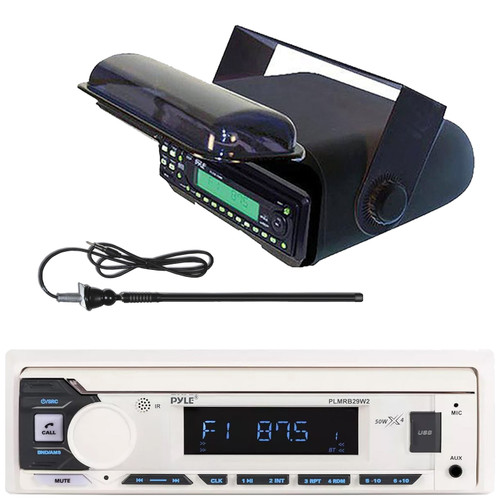 Pyle PLMRB29W2 Single DIN Marine Bluetooth USB/AUX MP3 Player AM/FM Radio Stereo Receiver, Black Stereo Housing w/Full Chassis Wired Casing, White Long Range Radio Antenna