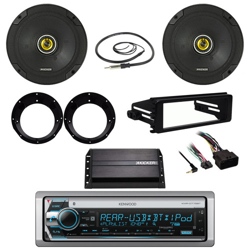 Kenwood CD Stereo, Harley FLHX Dash Install Kit, Speaker Set, 200W Amp, Antenna