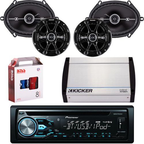 DEH-X4900BT Bluetooth CD MP3 USB Player & Remote, Pair Kicker 41DSC684 6x8" 4-Ohm Car Speakers, Pair 41DSC654 Kicker 6.5" Car Speaker, Kicker 4-Channel 400 Watts Marine Amp, 8 Gauge Car Amp Install Kit