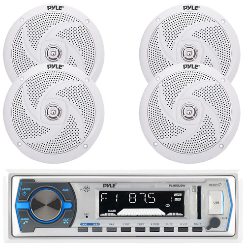 Pyle PLMRB29W Single DIN Marine Bluetooth USB/AUX MP3 Player AM/FM Radio In-Dash White Stereo Receiver w/ Remote Control, 4x Pyle PLMRS6W 6'' 240 Watt Max Power Low Profile 2-Way White Boat Speakers