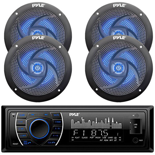 Pyle PLRMR27BTB Single DIN Marine Bluetooth USB/AUX MP3 Player AM/FM Radio Stereo Receiver, 4x Pyle PLMRS5BL 5.25" 180W Max Power 2-Way Waterproof Low Profile Slim Style Blue LED Black Boat Speakers