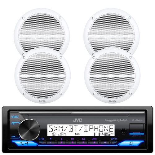 JVC KD-X38MBS Single DIN Marine MotorSports Bluetooth USB/AUX LED Illumination AM/FM Radio SiriusXM Ready Stereo Receiver, 4x Enrock EM602W 6.5" 90 Watt Max Power 2-Way Full Range White Boat Speakers