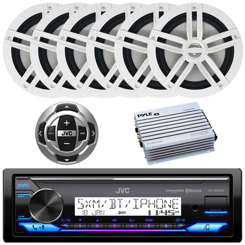 JVC KD-X38MBS Single DIN Marine MotorSports Bluetooth USB/AUX LED Illumination AM/FM Radio SiriusXM Ready Stereo Receiver W/Wired Remote, 6x 6.5" 180W Max 2-Way White Speakers, 4-Channel Amplifier