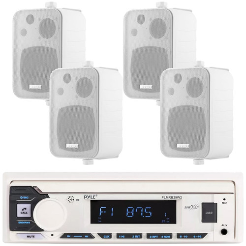 Pyle PLMRB29W2 Single DIN Marine Bluetooth USB/AUX MP3 Player AM/FM Radio Stereo Receiver, 4x Enrock EKMR408W 4" 30 Watt Max Power 3-Way Indoor/Outdoor White Box-Speakers