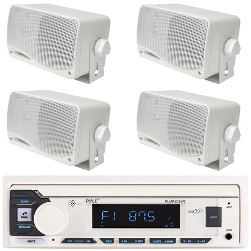 Pyle PLMRB29W2 Single DIN Marine Bluetooth USB/AUX MP3 Player AM/FM Radio Stereo Receiver, 4x Pyle PLMR24 3.5" 200 Watt Max Power 3-Way Weather Proof White Mini Box Speakers