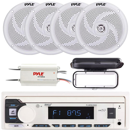 Pyle PLMRB29W2 Single DIN Marine Bluetooth USB/AUX MP3 Player AM/FM Radio Stereo Receiver w/White Cover, 4x 5.25" 180W Max Power 2-Way Low Profile Slim Style White Boat Speakers, 4 Channel Amplifier