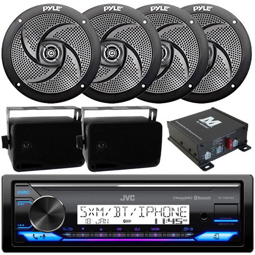 JVC KD-X38MBS Single DIN Marine Bluetooth USB/AUX LED AM/FM Radio SiriusXM Ready Stereo Receiver, 4x 5.25" 180W Max 2-Way Black Speakers, 2x 3.5" 200W Max Indoor/Outdoor Speakers, 4-Channel Amplifier
