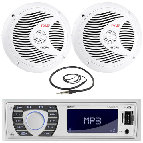 Pyle PLRMR23BTW Single DIN Marine Bluetooth USB/AUX MP3 Player AM/FM Radio In-Dash Stereo Receiver, 2x 6.5" 150W Max Power Full Range Dual Cone Waterproof White Boat Stereo Speakers, 22" Radio Antenna