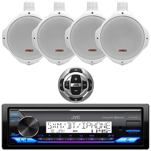 JVC KD-X38MBS Single DIN Marine MotorSports Bluetooth USB/AUX LED Illumination AM/FM Radio SiriusXM Ready Stereo Receiver W/Wired Remote, 4x 6.5" 200 Watt Max Power White Wake Board Boat Speakers