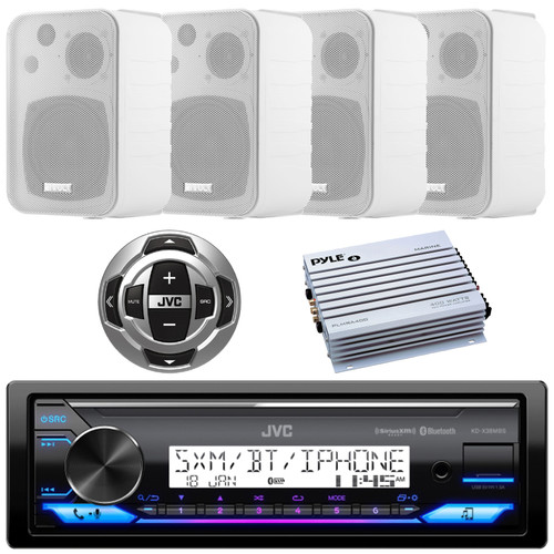 JVC KD-X38MBS Single DIN Marine MotorSports Bluetooth USB/AUX LED AM/FM SiriusXM Ready Stereo Receiver W/Wired Remote, 4x 4" 30W Max 3-Way Indoor/Outdoor White Box-Speakers, 4-Channel Amplifier