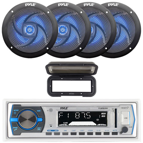 Pyle PLMRB29W Single DIN Marine Bluetooth USB/AUX MP3 Player AM/FM Radio In-Dash White Stereo Receiver w/ Black Cover, 4x 5.25" 180W Max 2-Way Waterproof Low Profile Slim Style Blue LED Speakers