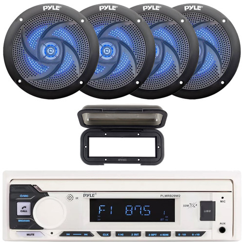 Pyle PLMRB29W2 Single DIN Marine Bluetooth USB/AUX MP3 Player AM/FM Radio Stereo Receiver w/ Black Cover, 4x 5.25" 180W Max Power 2-Way Waterproof Low Profile Slim Style Blue LED Black Boat Speakers