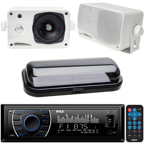 Pyle PLRMR27BTB AM/FM In-Dash Bluetooth Marine MP3 Player USB/AUX/SD Radio Receiver, Pyle PLMR24 3.5" 200 Watts 3-Way Weather Proof Mini Box Speaker System (Pair, White), Black Radio Cover