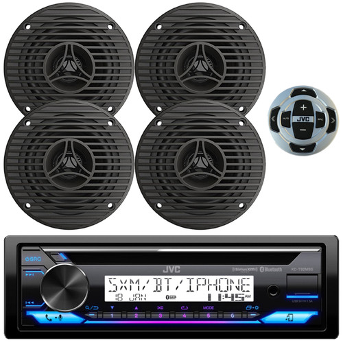 JVC KD-T92MBS Single-DIN Marine Bluetooth USB/AUX CD Player AM/FM Stereo Receiver W/Wired Remote, 4x 3.5" 75W Max Power High Performance Full Range All Weather Graphite Boat Speakers (Bulk Packaging)
